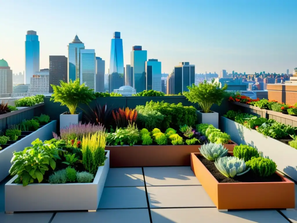 Un oasis urbano en azotea con huertos urbanos en azoteas vibrantes y modernos, rodeados de plantas exuberantes y mobiliario contemporáneo