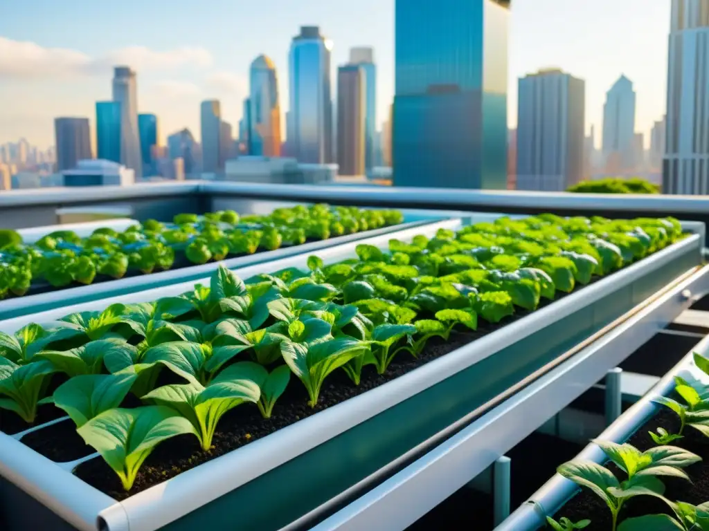 Un oasis urbano en la azotea: sistema de acuaponía moderno con plantas exuberantes y rascacielos al fondo