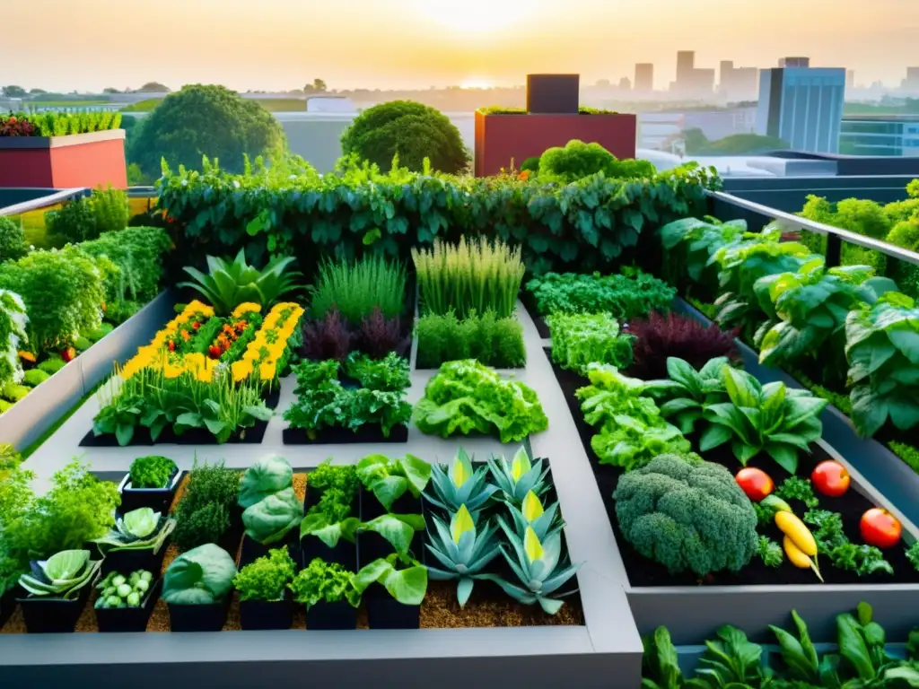 Un oasis urbano transformando azoteas en huertos urbanos, con vegetales y frutas vibrantes bañados por la cálida luz del sol