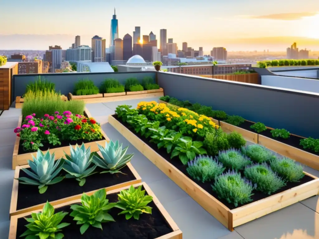 Un oasis urbano de cultivo de maca para salud, con plantas exuberantes bañadas por la cálida luz dorada de la ciudad