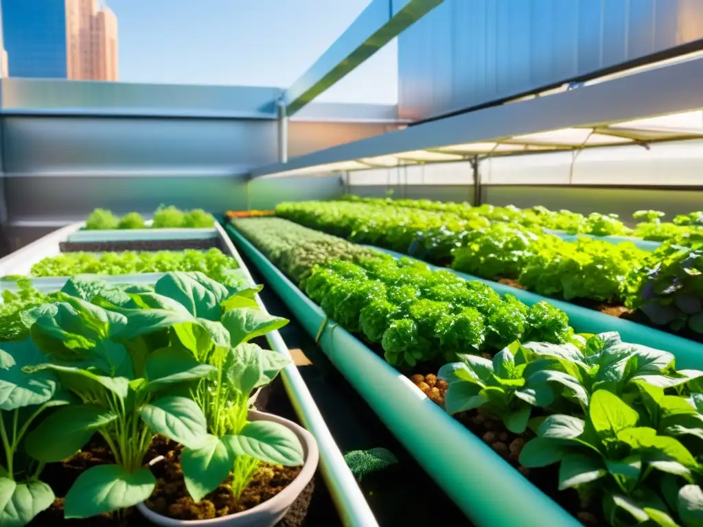 Un oasis urbano de cultivos acuapónicos con diversificación de vegetales y hierbas en armonía