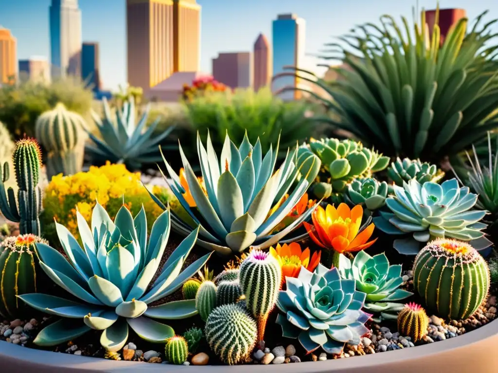 Un oasis urbano en el desierto con una variedad de plantas vibrantes y arquitectura moderna, mostrando el potencial de la agricultura urbana en zonas desérticas