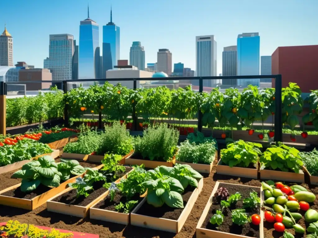 Un oasis urbano diverso y vibrante con huertos, frutas y verduras coloridas