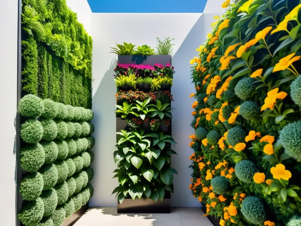 Un oasis urbano: huertos verticales de metal, exuberante vegetación y flores coloridas, bañados por la suave luz del sol