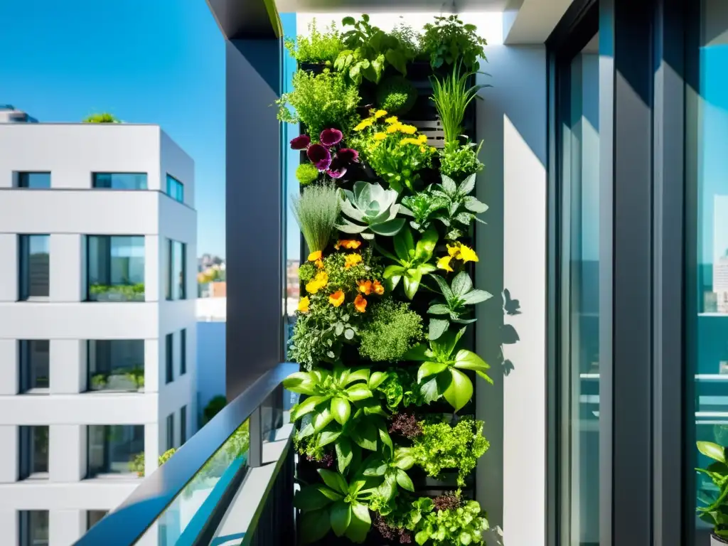 Un oasis urbano: huertos verticales para agricultura urbana en un balcón soleado, fusionando naturaleza y vida en la ciudad