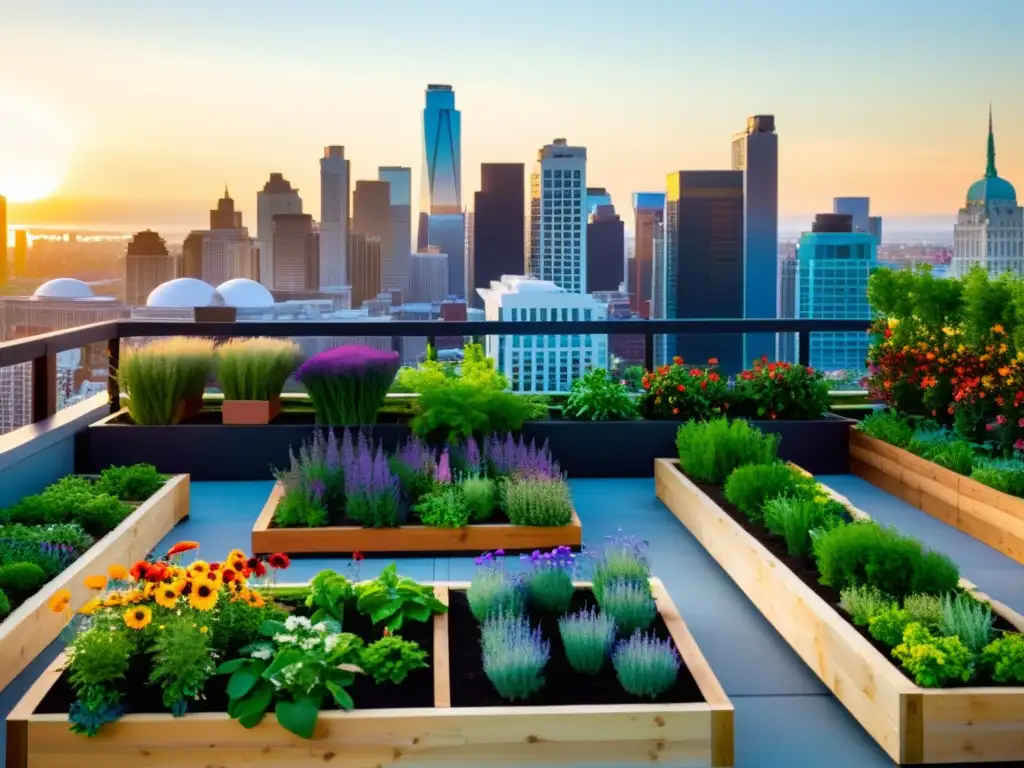 Un oasis urbano con huertos verticales rebosantes de verduras y hierbas, rodeado de flores y vegetación colorida, bañado por la cálida luz del sol