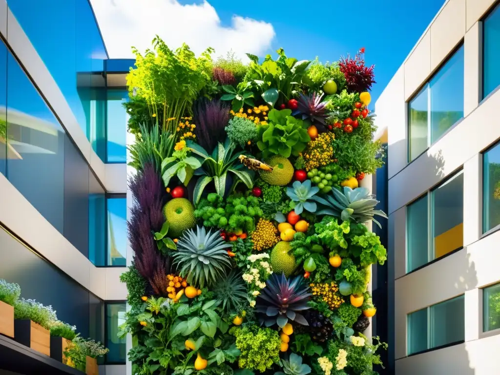 Un oasis urbano de huertos verticales reduce la huella de carbono en la ciudad, rebosante de vida, color y vitalidad