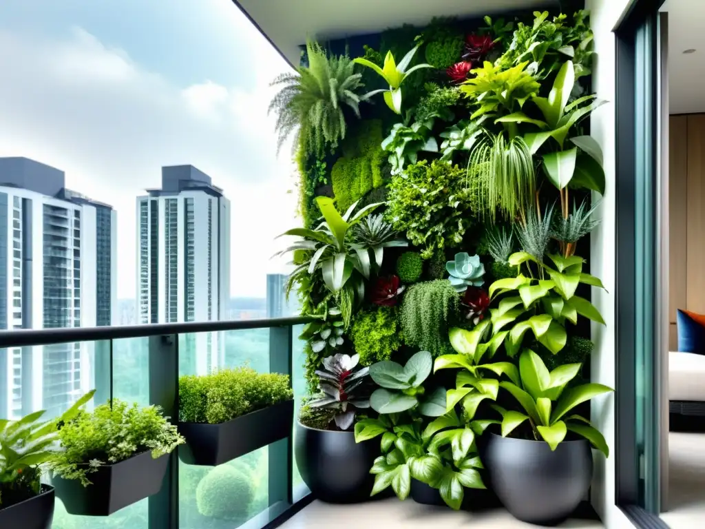 Un oasis urbano con jardines verticales para balcones urbanos, fusionando naturaleza y diseño moderno en armonía