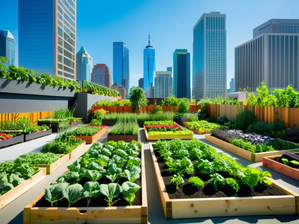 Un oasis urbano moderno lleno de vida y color, con huertos elevados y rascacielos de fondo