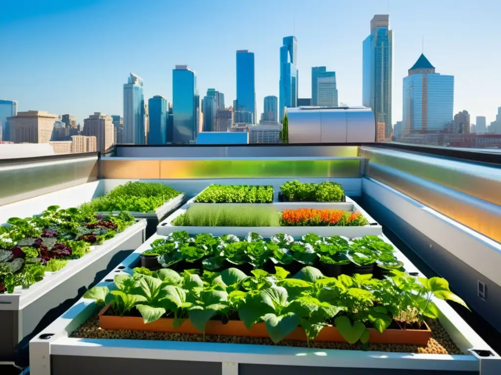 Jardín urbano en la azotea con peces y plantas vibrantes Un oasis urbano con plantas exuberantes y peces coloridos en tanques acuapónicos