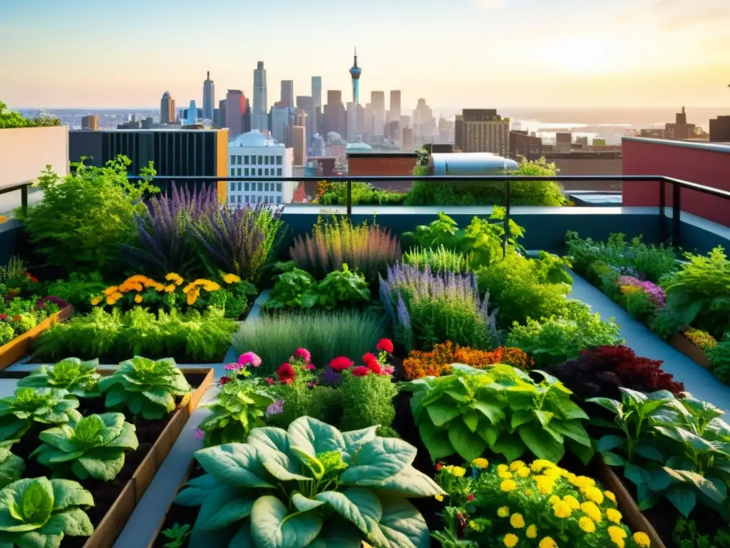 Un oasis urbano rebosante de verduras y hierbas orgánicas, con la ciudad de fondo