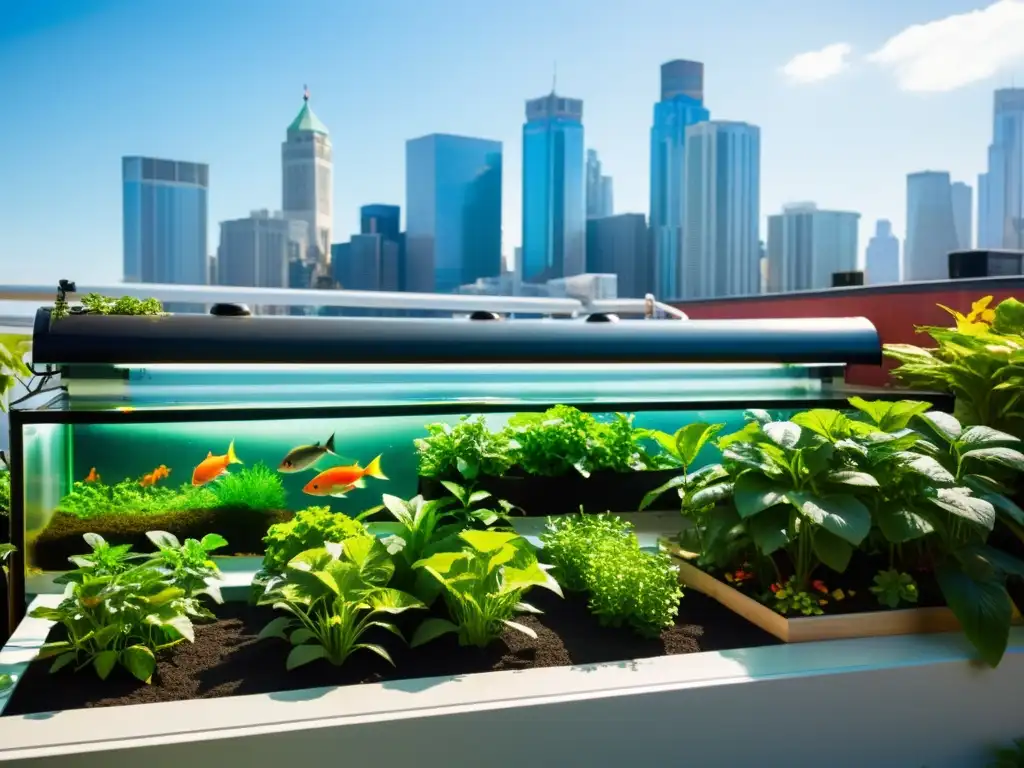 Un oasis urbano sostenible: acuaponía para agricultura urbana sostenible con jardín, plantas verdes exuberantes y peces de colores