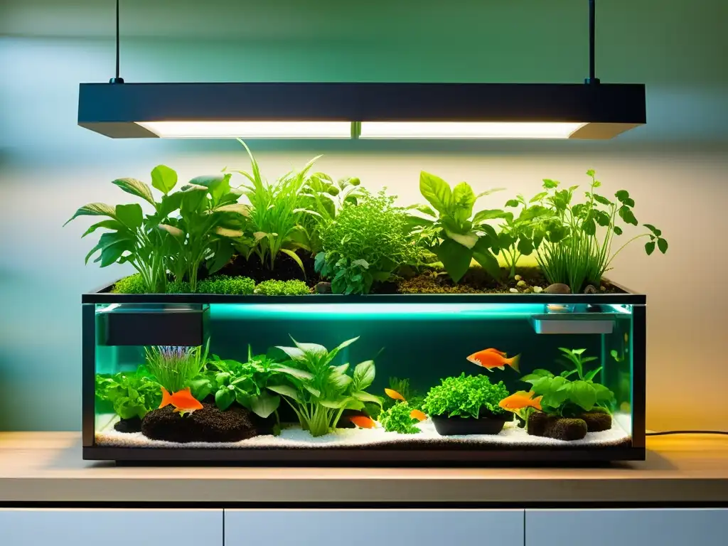 Un oasis urbano sostenible con acuaponía en apartamentos urbanos: hierbas verdes, peces coloridos y diseño contemporáneo iluminado por luz natural