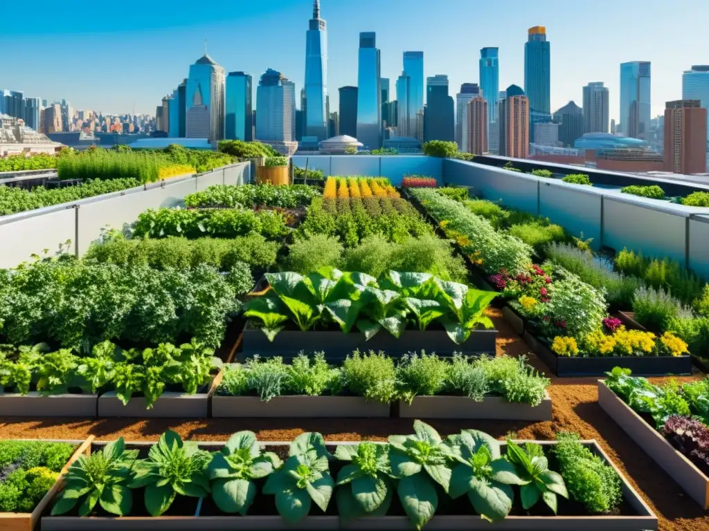 Un oasis urbano sostenible con cultivos y vegetación vibrante en contraste con la ciudad moderna