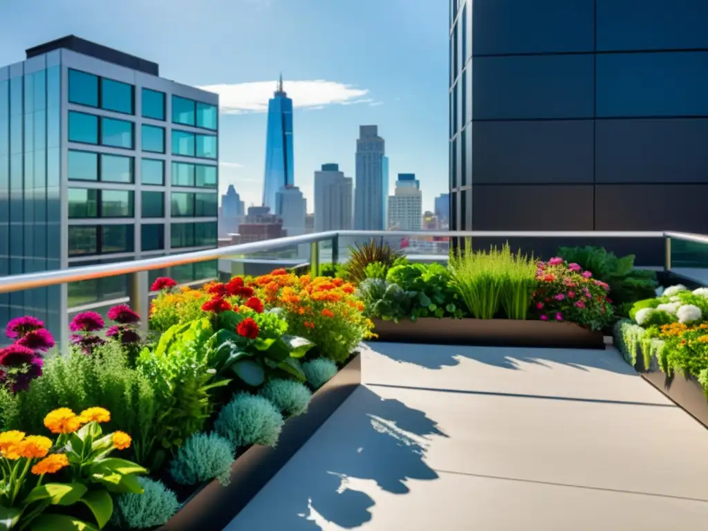 Un oasis urbano sostenible con huertos verticales vibrantes y flores coloridas en un jardín en la azotea de diseño moderno