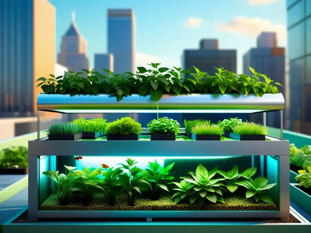 Un oasis urbano sostenible con acuaponía integrada entre plantas verdes y peces coloridos, iluminado por la luz natural