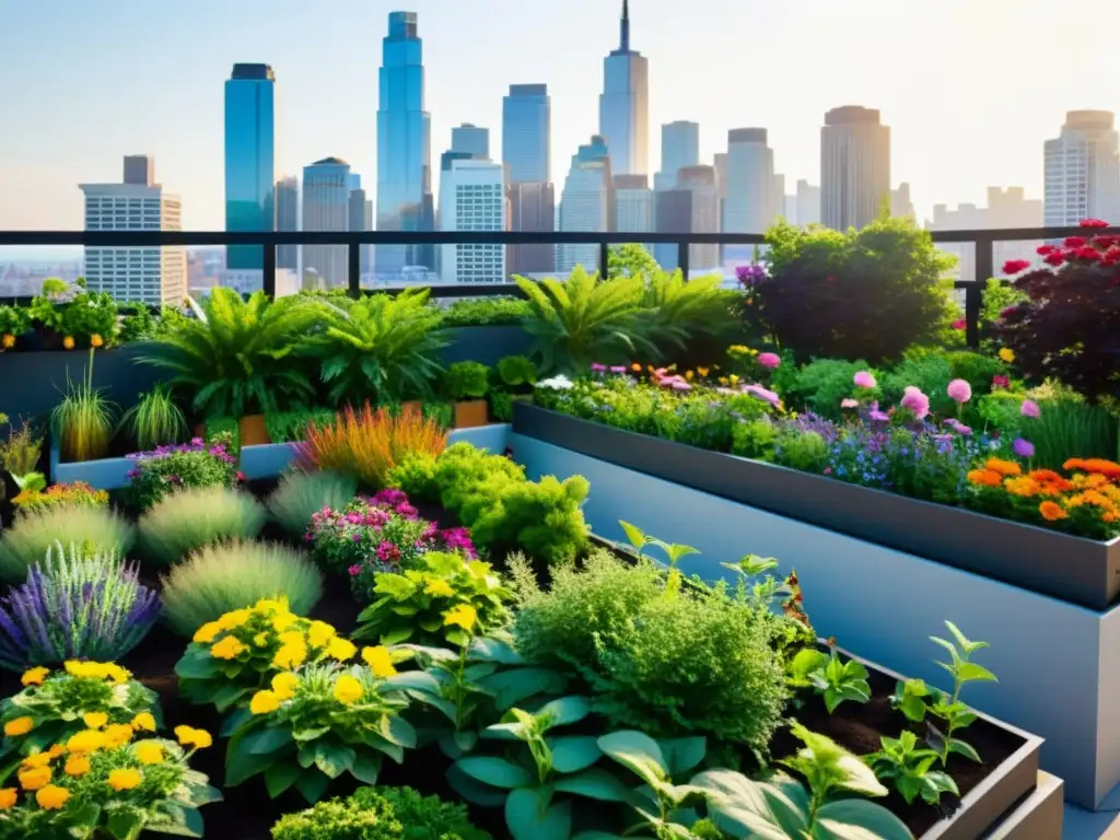 Un oasis urbano vibrante en una azotea, con plantas coloridas y edificios altos de fondo