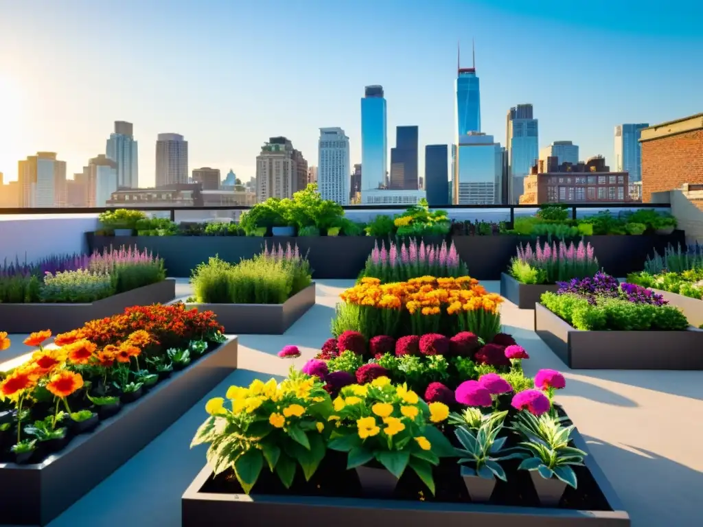 Un oasis urbano vibrante y bullicioso, lleno de huertos verticales rebosantes de vegetación exuberante y flores coloridas