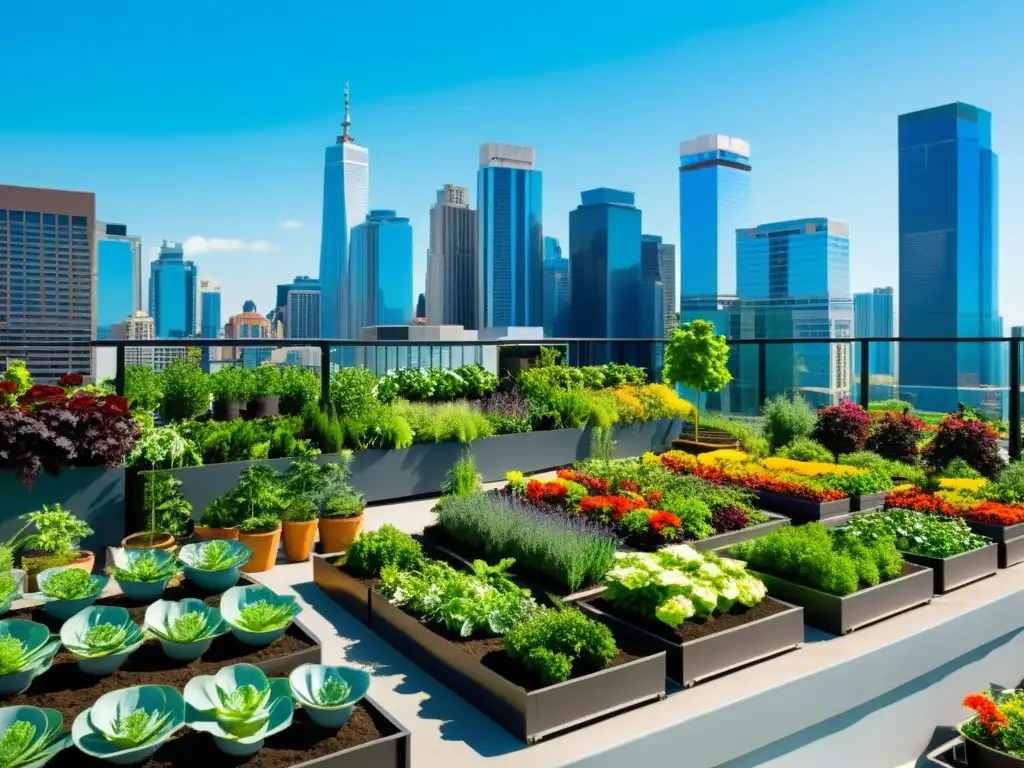 Un oasis urbano vibrante con huertos verticales, vegetación exuberante y gente disfrutando de la agricultura urbana