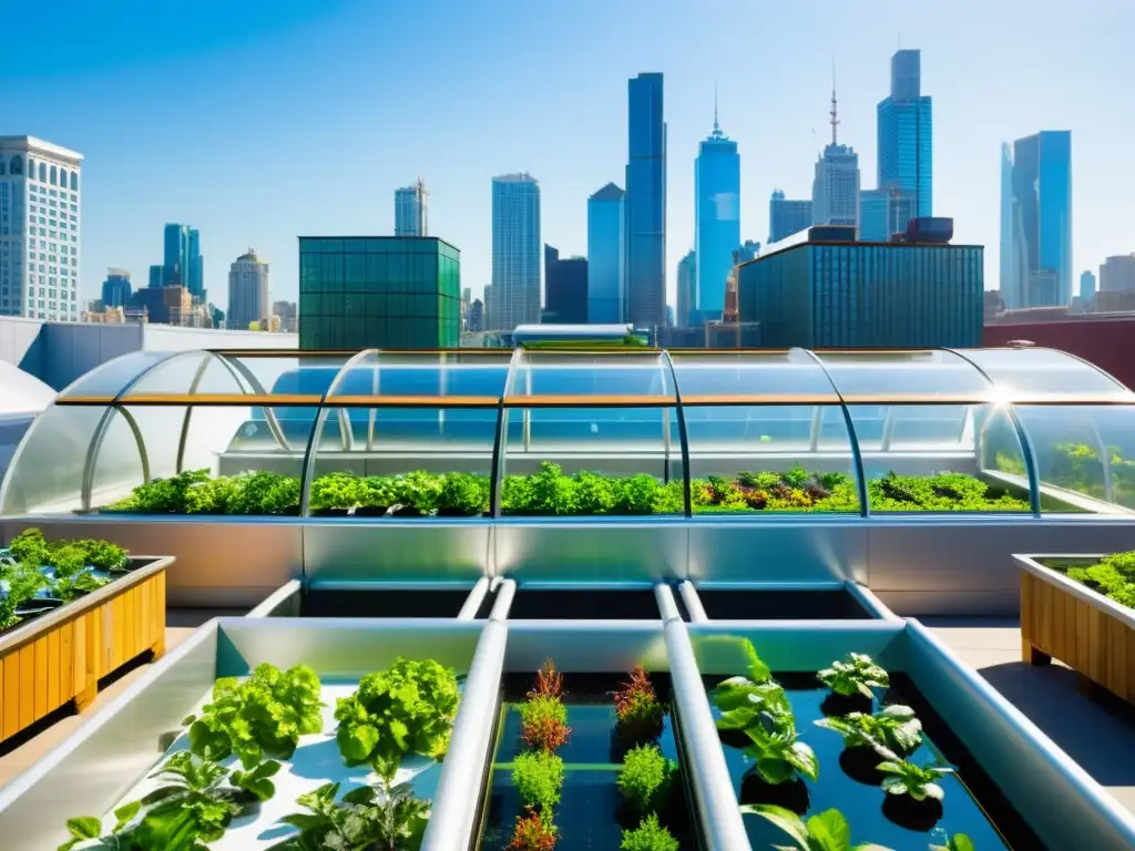 Un oasis urbano vibrante con huertos acuapónicos y peces coloridos, bajo el horizonte de la ciudad