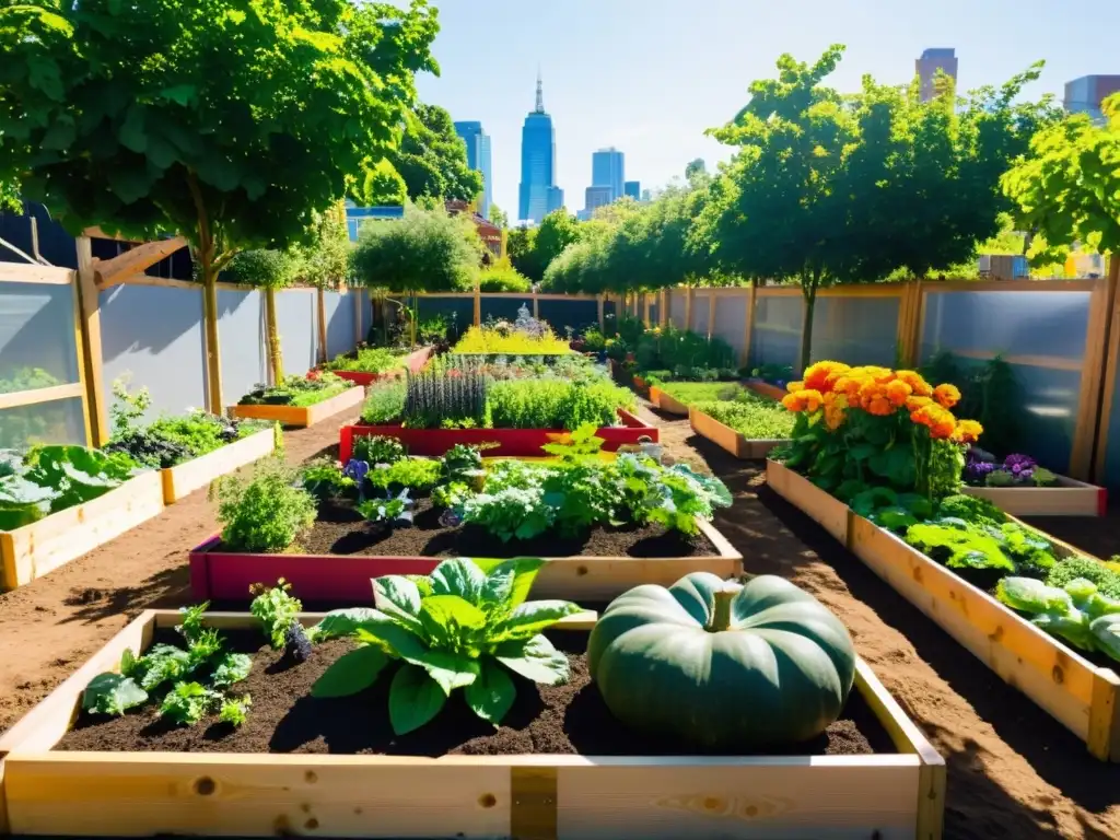 Un oasis urbano vibrante y moderno, repleto de frutas, verduras y flores, donde la comunidad cultiva en armonía