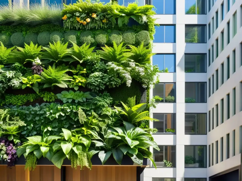 Un oasis urbano vibrante y moderno con una exuberante permacultura en huertos urbanos verticales, en cascada de verdor y variedad de texturas