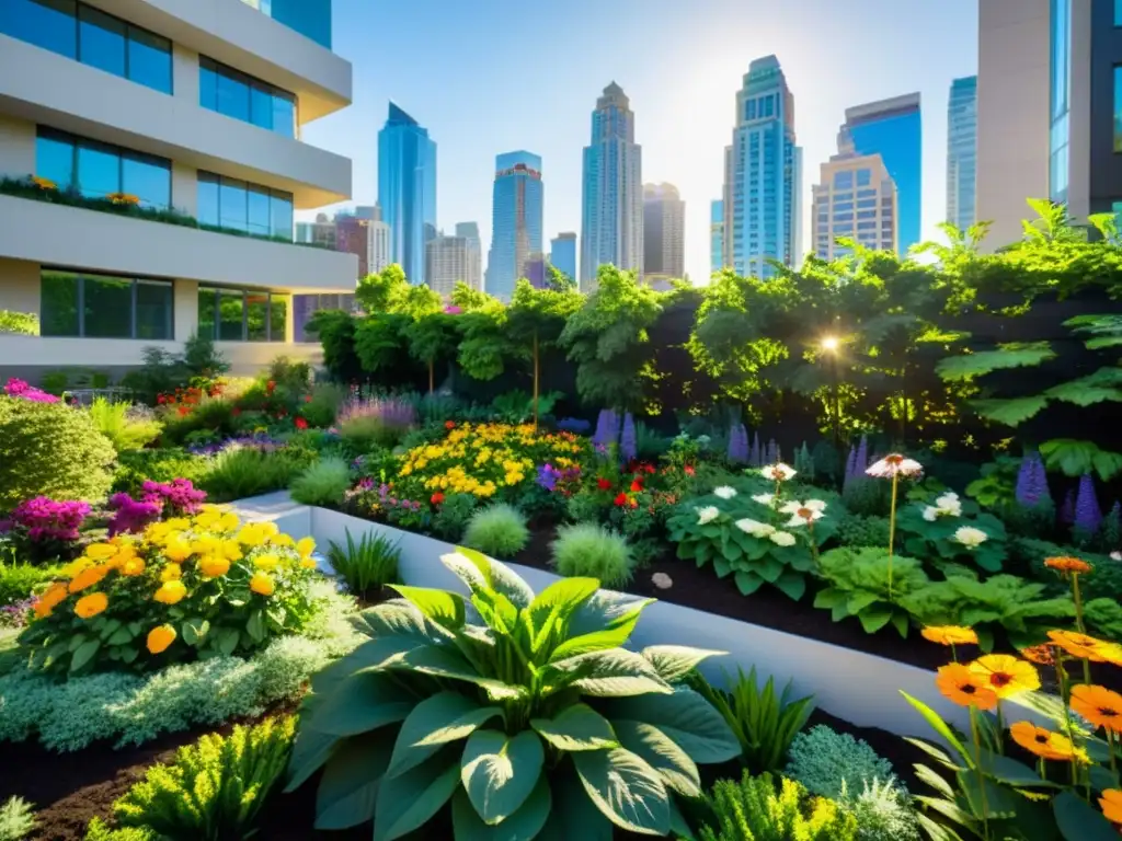 Un oasis urbano vibrante con plantas verdes exuberantes y flores coloridas, brindando beneficios huertos urbanos contra ruido en la ciudad