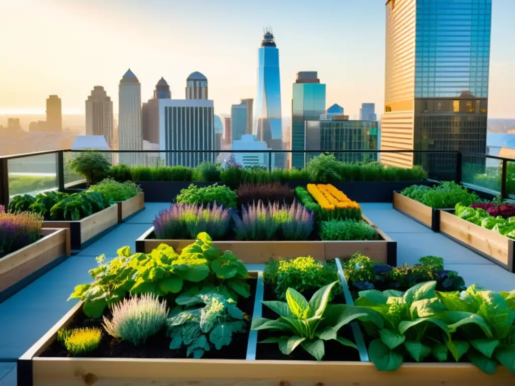 Un oasis de vegetales y hierbas en un jardín urbano, rodeado de rascacielos