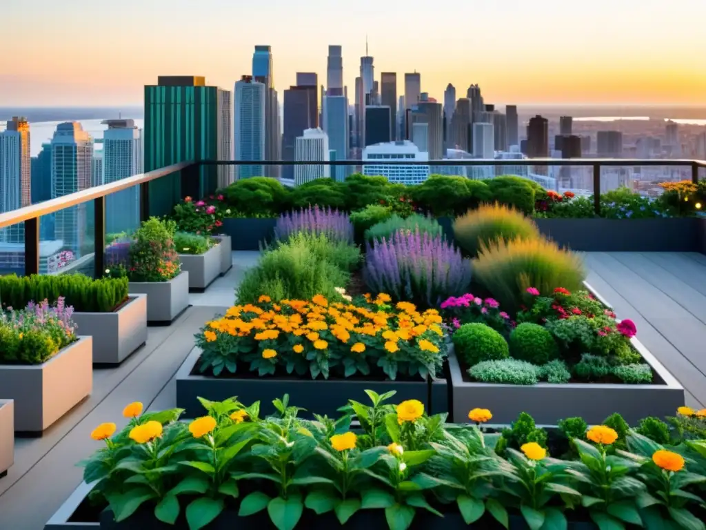 Un oasis verde en la azotea de la ciudad, con plantas exuberantes y flores vibrantes