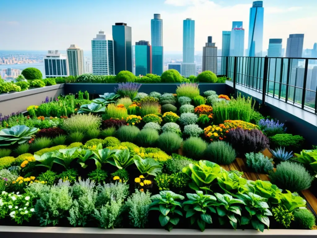 Un oasis verde en la azotea con métodos innovadores de control de plagas en huertos urbanos, fusionando naturaleza y ciudad