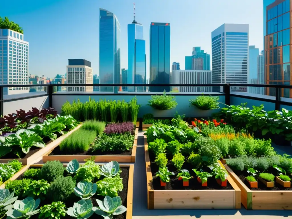 Un oasis verde en azotea urbana con huertos orgánicos y diseño sostenible