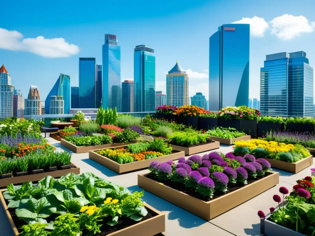 Un oasis verde en el corazón de la ciudad: camas de vegetales, flores y plantas en macetas contrastan con los rascacielos