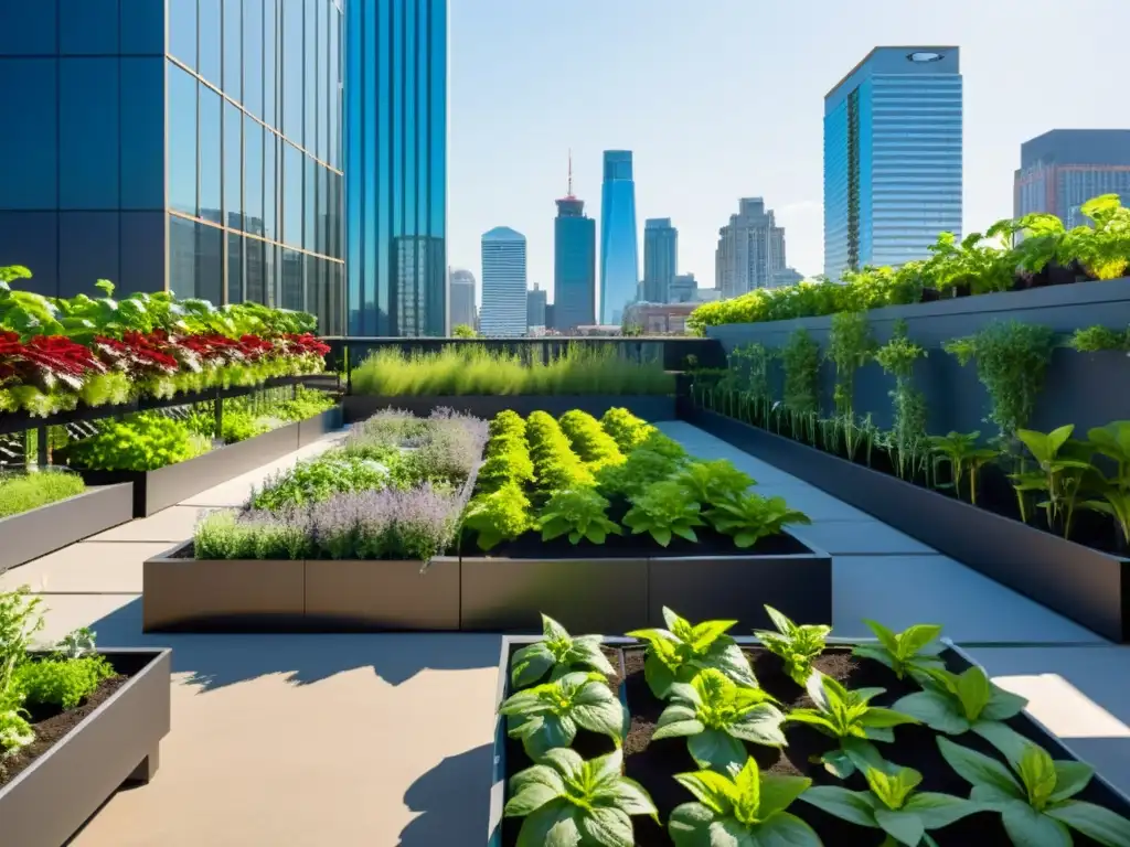 Un oasis verde de huertos verticales certificados orgánicos en la ciudad, con un fondo de skyline urbano