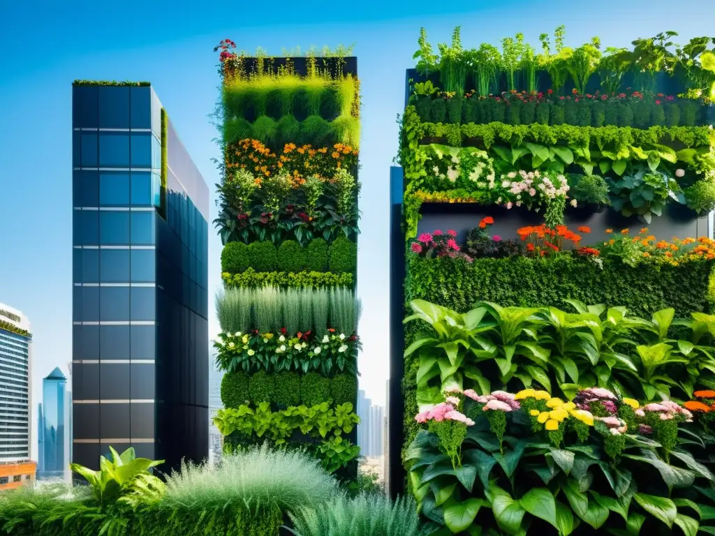 Un oasis verde en la jungla urbana: huerto vertical con plantas exuberantes y flores coloridas