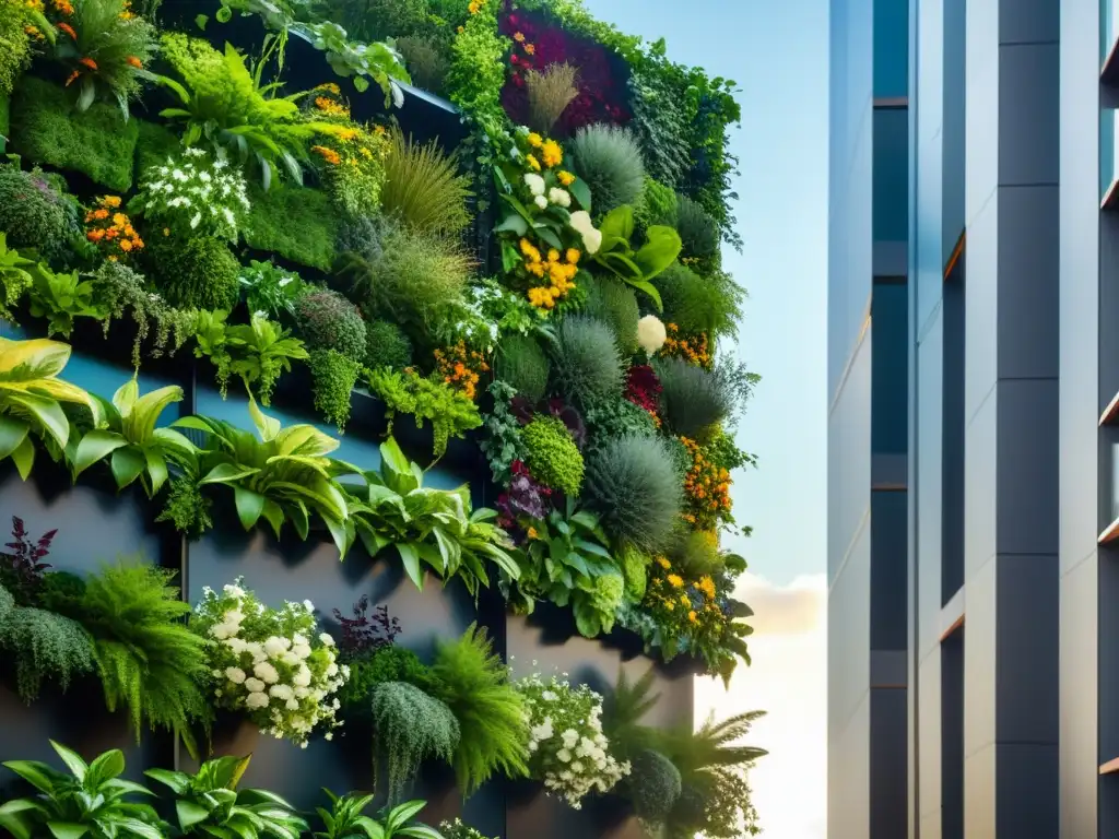 Un oasis verde en medio de la contaminación del suelo urbano: un huerto vertical moderno y vibrante integrado en la arquitectura de la ciudad