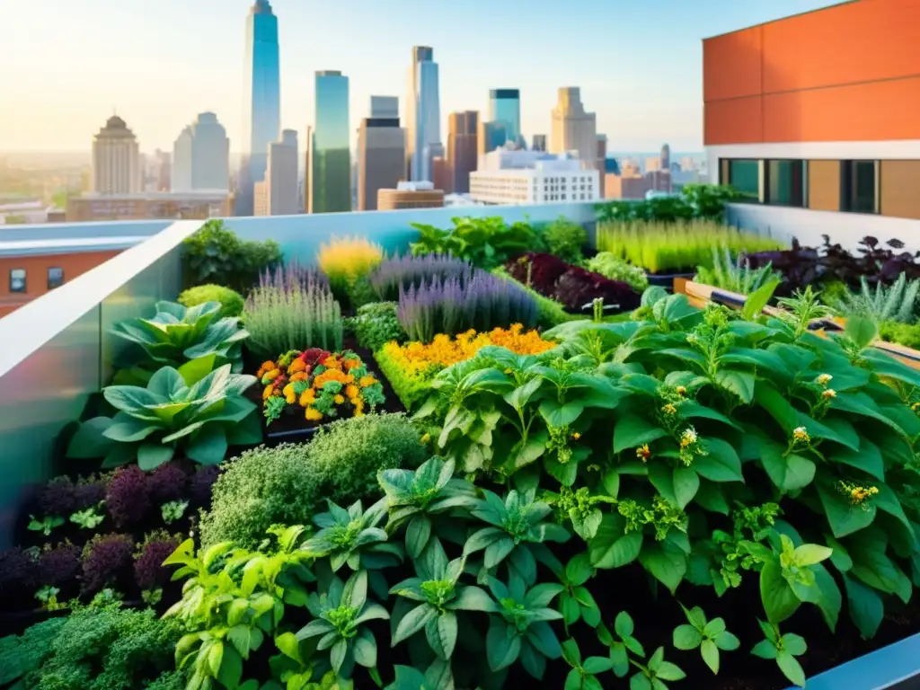 Un oasis de vida en la azotea urbana: un jardín vibrante y próspero con cultivos orgánicos y exuberante vegetación