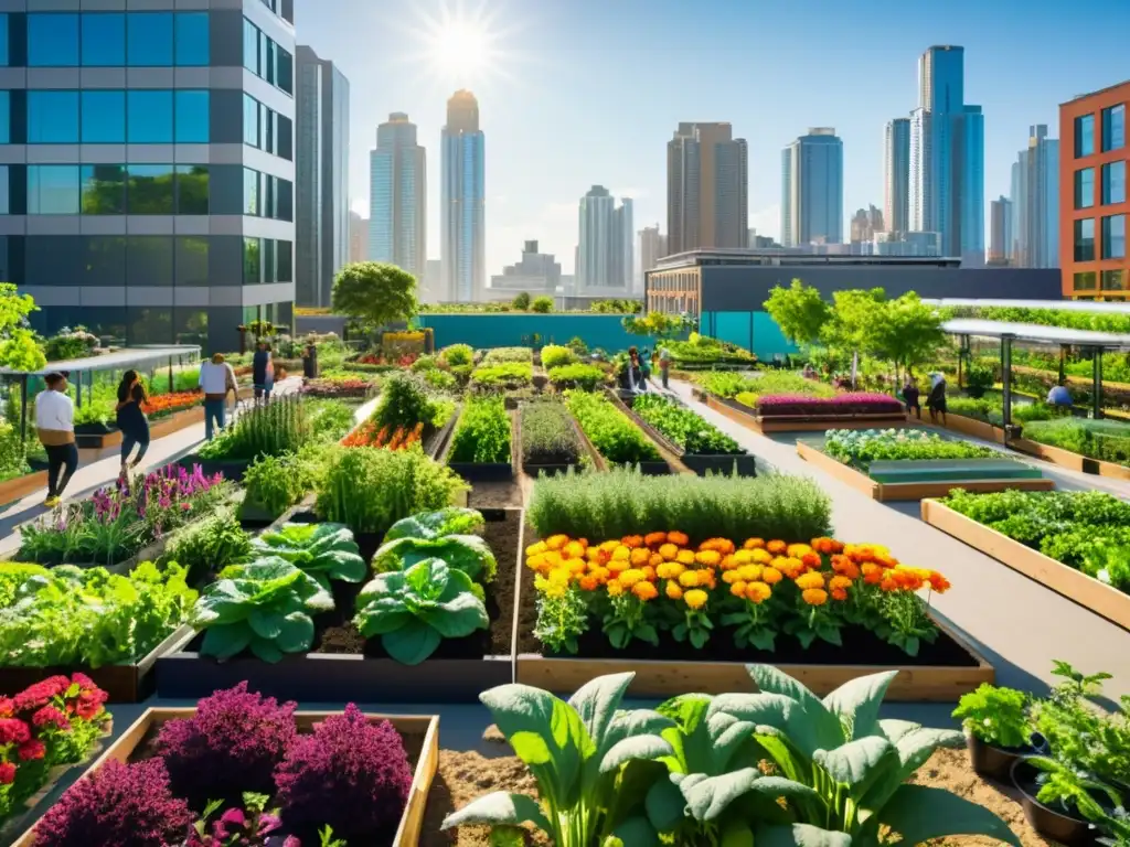 Un oasis de vida en un huerto urbano, con residentes diversos cuidando de sus vegetales y flores