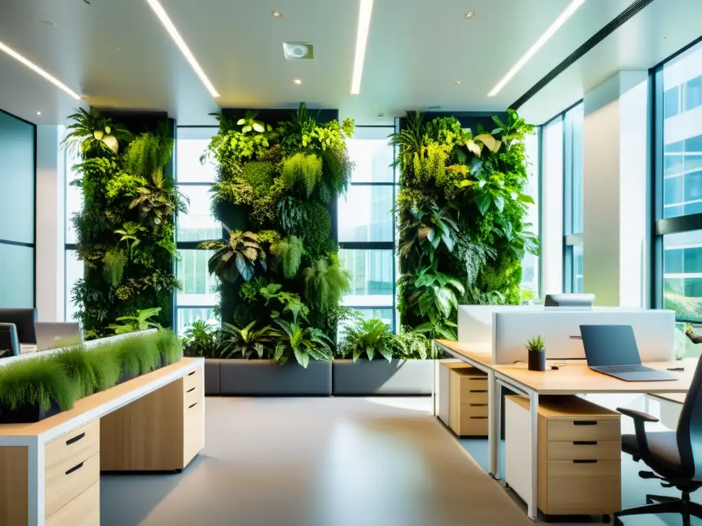 Oficina moderna con huertos verticales para oficinas, integrando naturaleza y diseño contemporáneo en un espacio vibrante y acogedor