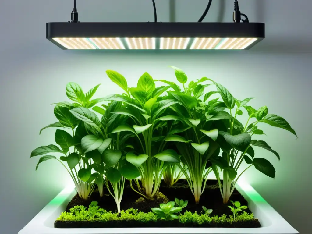 Acuaponía próspera bajo iluminación óptima para acuaponía, conectando tecnología y agricultura sostenible