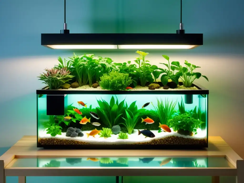 Acuario de Aquaponía en Casa: Elegancia Moderna Acuaponía orgánica en casa: Moderno sistema de acuaponía con tanques de cristal, plantas verdes y peces coloridos en un hogar iluminado
