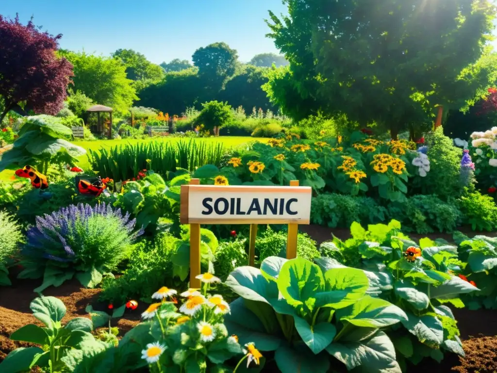 Un jardín orgánico exuberante y vibrante, lleno de flores, frutas y verduras, con técnicas de control biológico de plagas