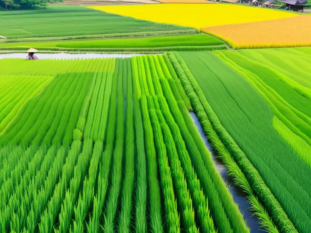 Un paisaje rural japonés con arrozales exuberantes, agricultores trabajando con cuidado y luz dorada