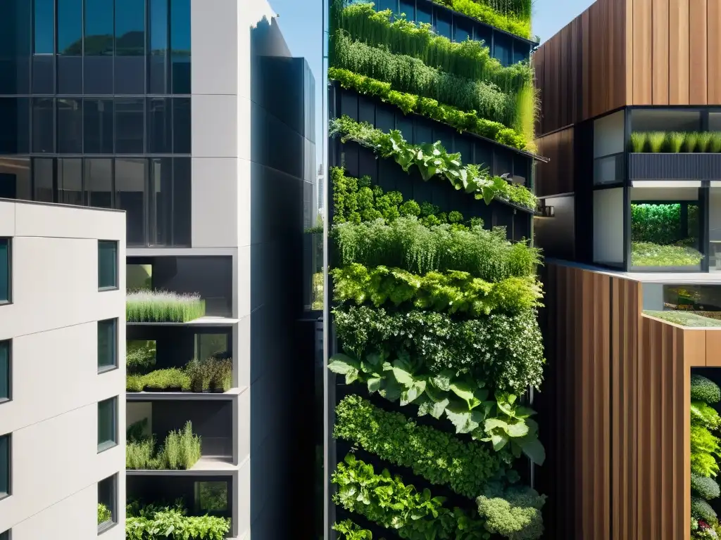 Un paisaje urbano bullicioso con un innovador huerto vertical integrado, destacando su diseño futurista y sostenible