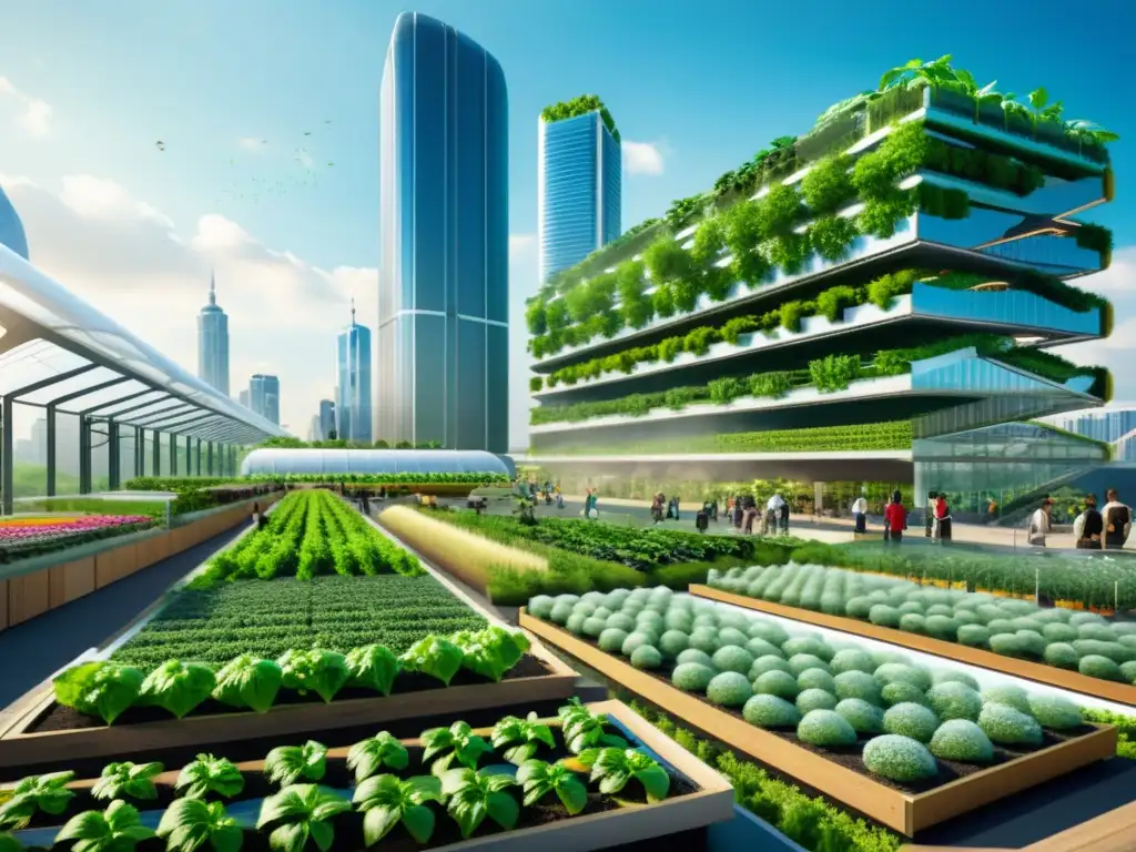 Un paisaje urbano futurista con agricultura urbana en una exposición universal, fusionando tecnología y naturaleza en la ciudad