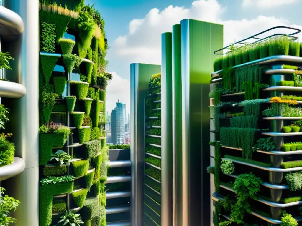 Un paisaje urbano futurista con huertos verticales llenos de vegetación vibrante y biogás en la ciudad