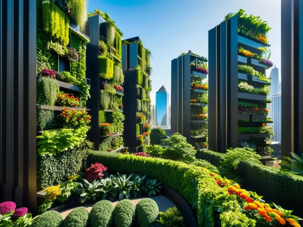 Un paisaje urbano futurista con rascacielos adornados con exuberantes jardines verticales, generando oxígeno en alturas urbanas