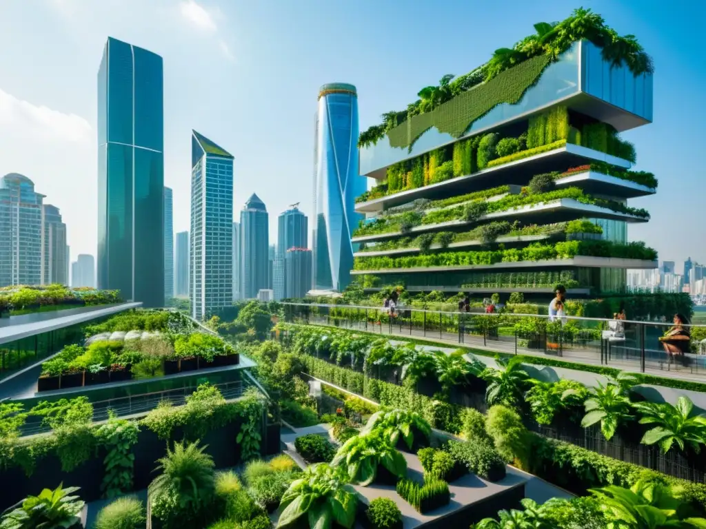 Un paisaje urbano futurista con rascacielos y edificios altos cubiertos de vegetación, formando un entorno sostenible y moderno