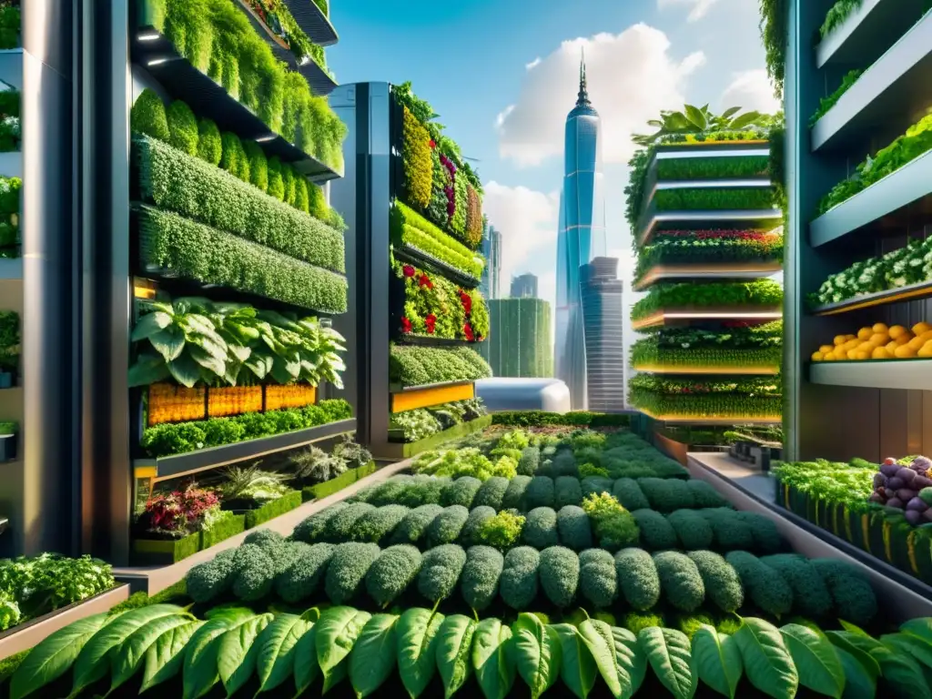 Un paisaje urbano futurista con rascacielos adornados con exuberantes jardines verticales