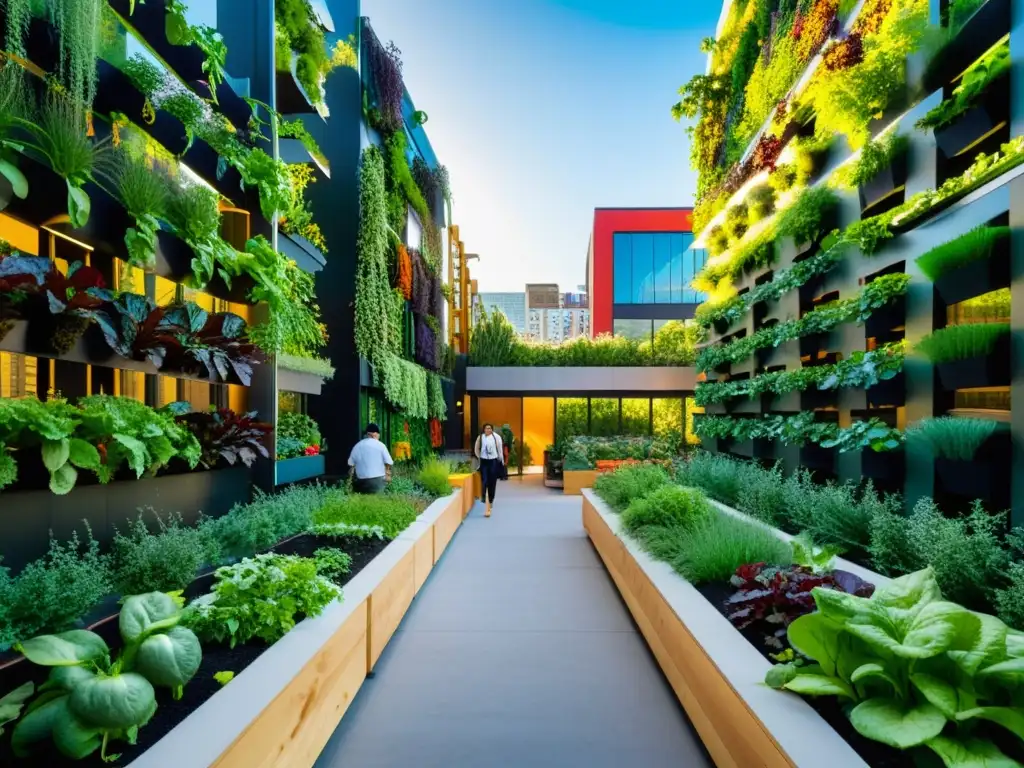 Un paisaje urbano moderno con un jardín comestible vertical incorporado en la arquitectura