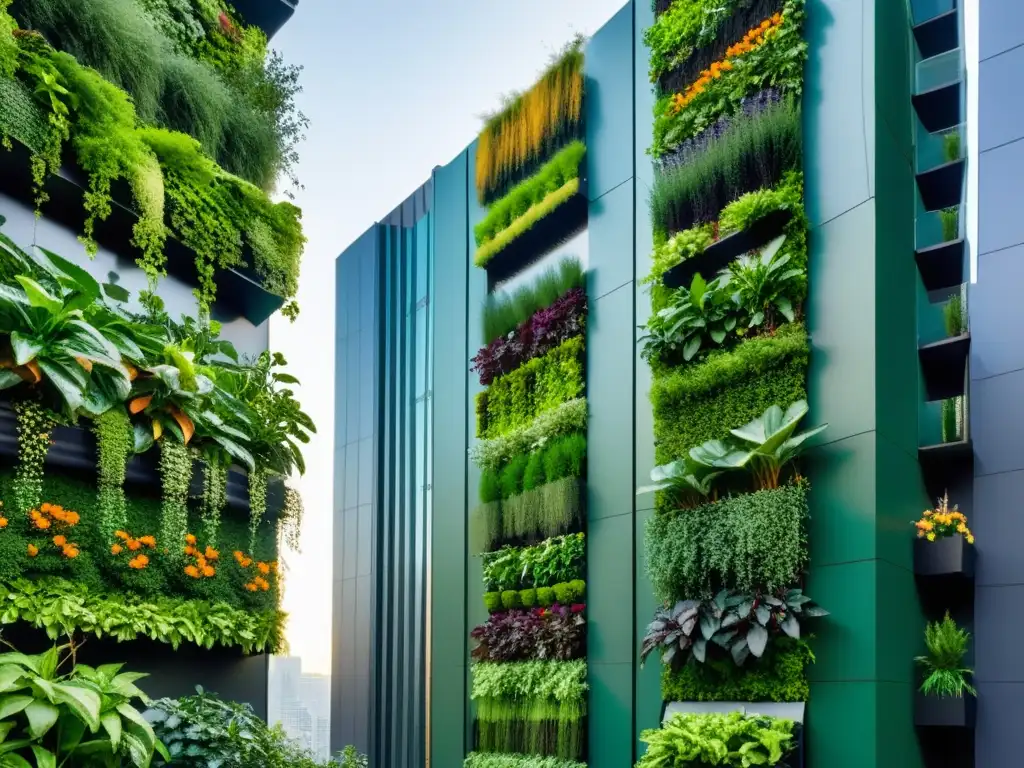 Un paisaje urbano moderno con edificios altos y un muro verde vibrante de huertos verticales, integración huertos verticales diseño urbano